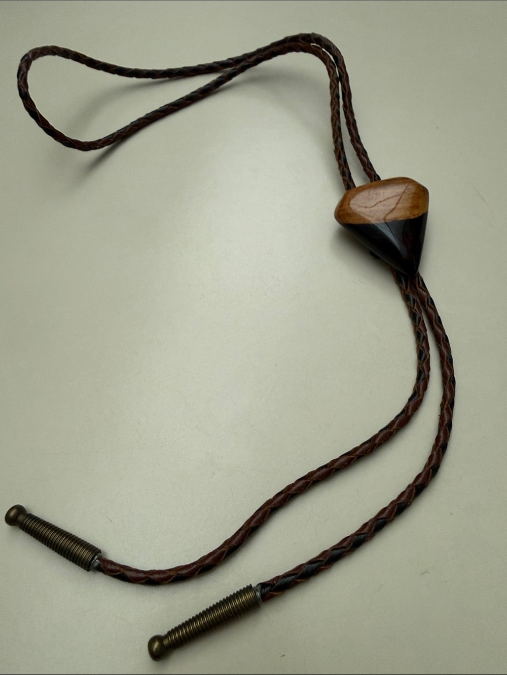 Vintage Two-Tone Wooden Triangle Western Bolo Tie Braided Cord
